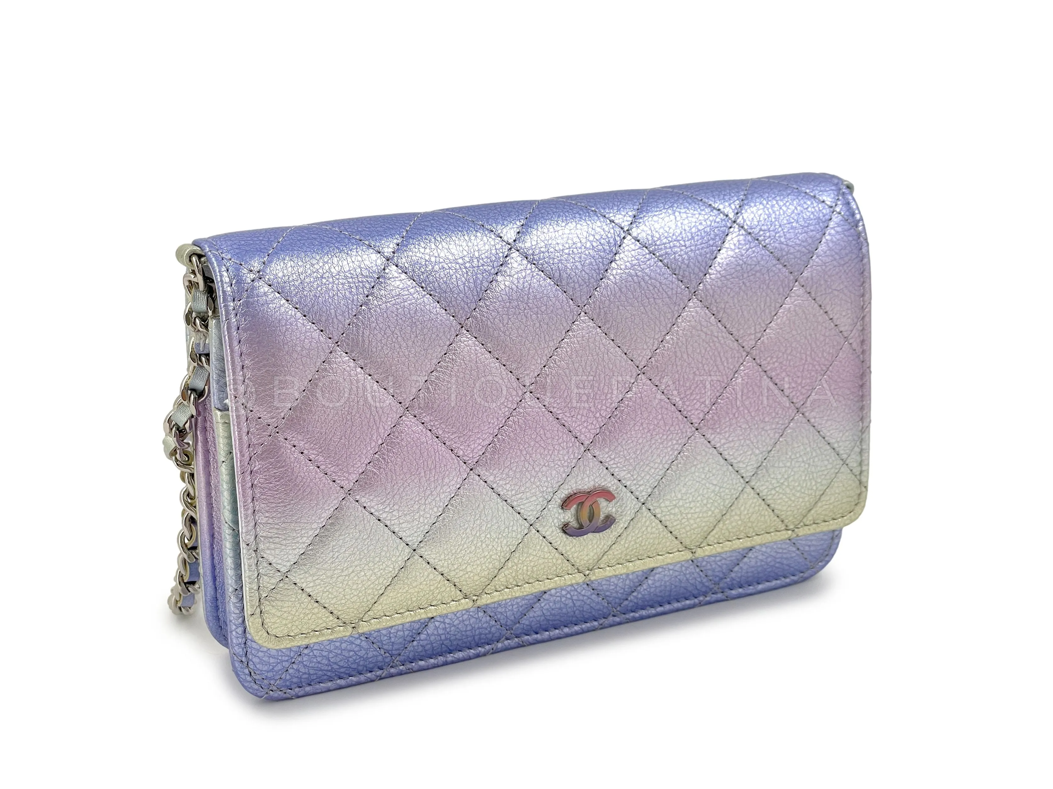 NIB 21K Chanel Iridescent Pink Purple Ombre Wallet on Chain WOC Flap Bag