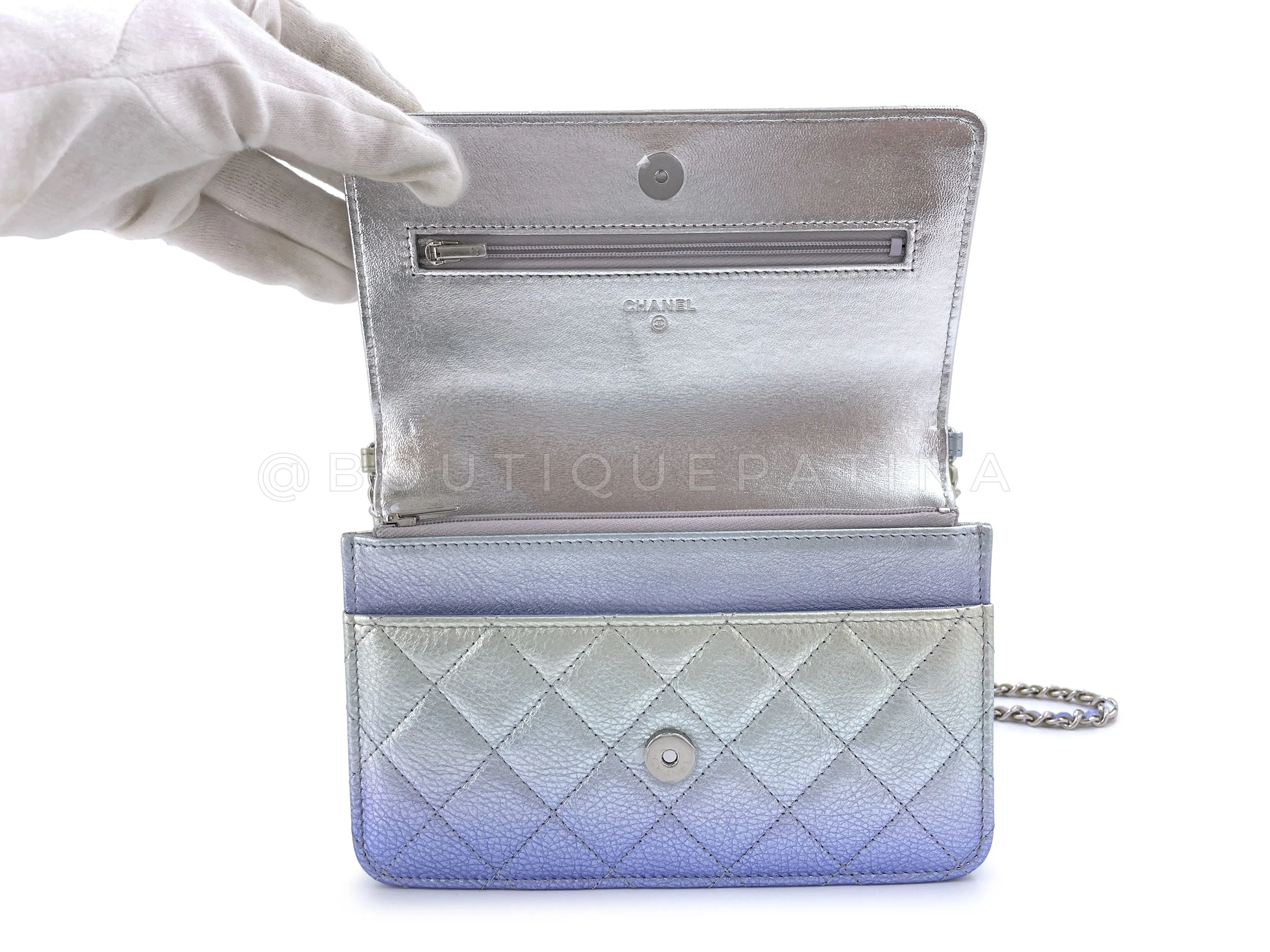 NIB 21K Chanel Iridescent Pink Purple Ombre Wallet on Chain WOC Flap Bag