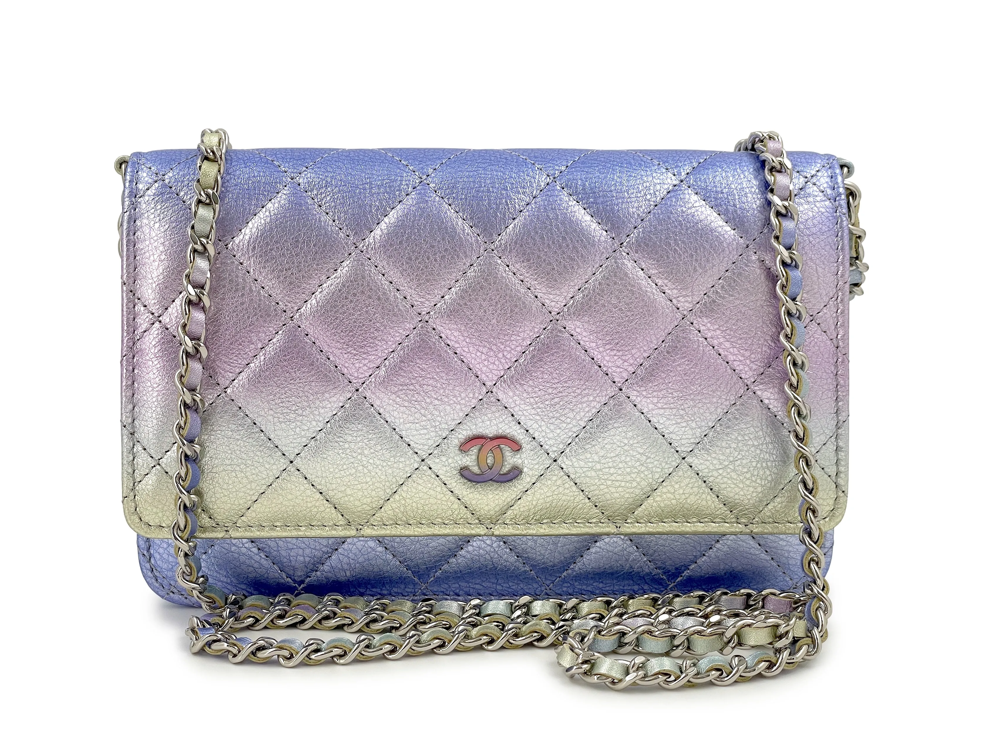 NIB 21K Chanel Iridescent Pink Purple Ombre Wallet on Chain WOC Flap Bag
