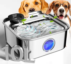 oneisall Dog Water Fountain, 2.6Gal/10L Stainless Steel Dog Water Bowl Dispenser with Deeper Tray & Five-Layer Filtration, Ultra-Quiet Pet Water Fountain for Small Medium Large Dogs and Multi-Pet