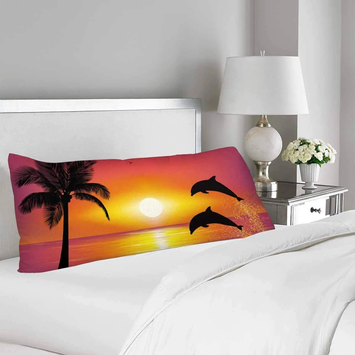 Palm Tree Dolphin Body Pillow Covers Pillowcase with Zipper 21x60 Twin Sides, Beach Sunset Landscape Rectangle Body Pillow Case Protector for Home Couch Sofa Bedding Decorative