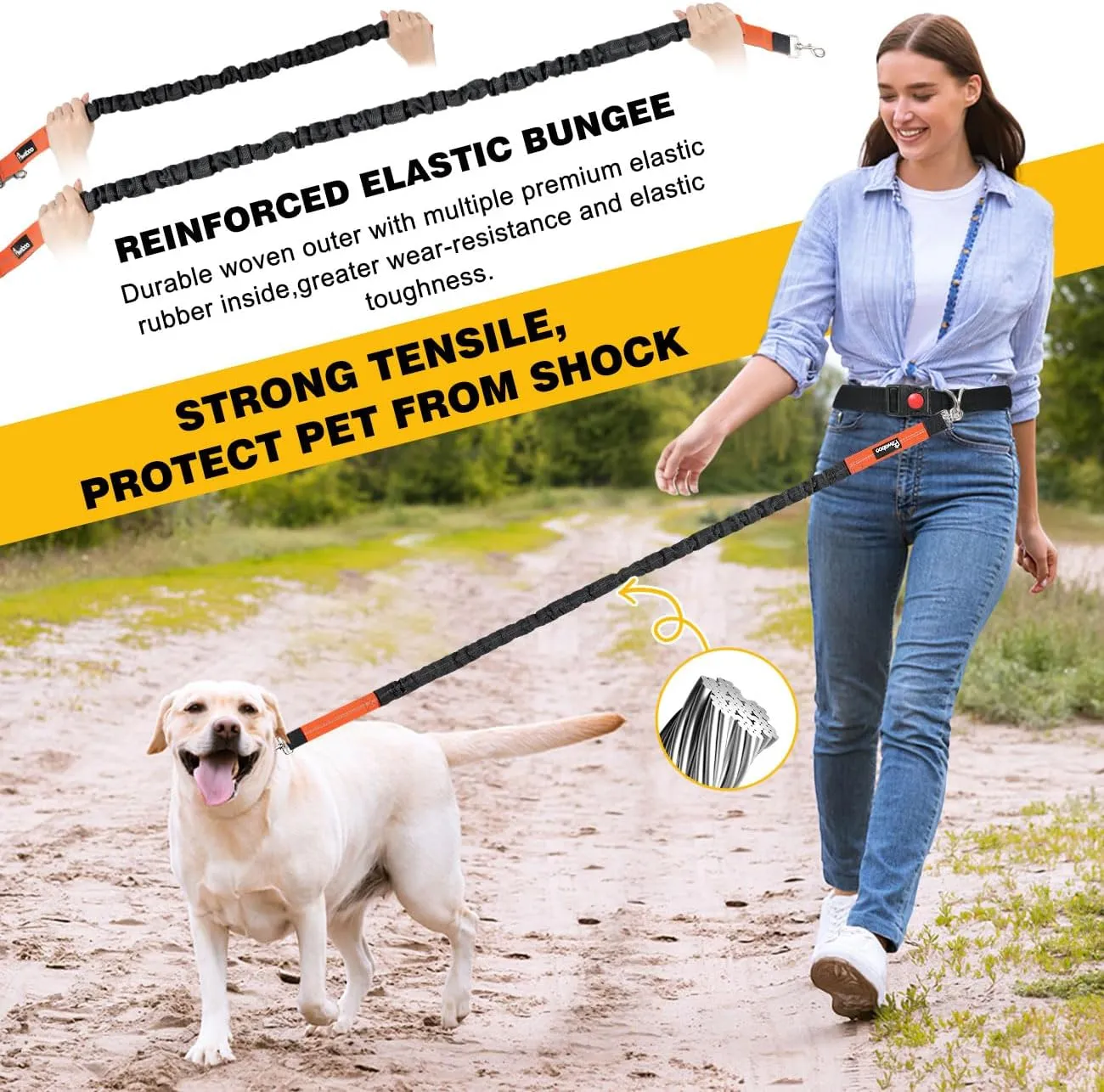 Pawaboo Hands Free Dog Leash with Waist Belt, A Great Waist Leash for Dog Walking, Double Handle Bungee Leash with Reflective Stitching & Adjustable Dog Walking Belt for Walking Hiking Running, Black