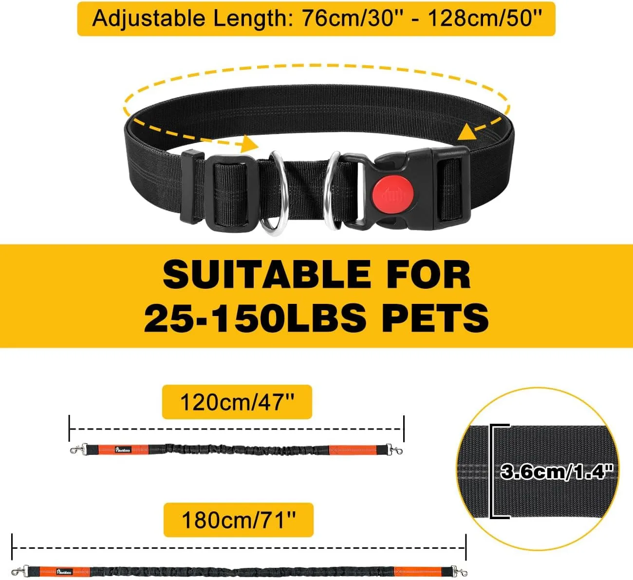 Pawaboo Hands Free Dog Leash with Waist Belt, A Great Waist Leash for Dog Walking, Double Handle Bungee Leash with Reflective Stitching & Adjustable Dog Walking Belt for Walking Hiking Running, Black