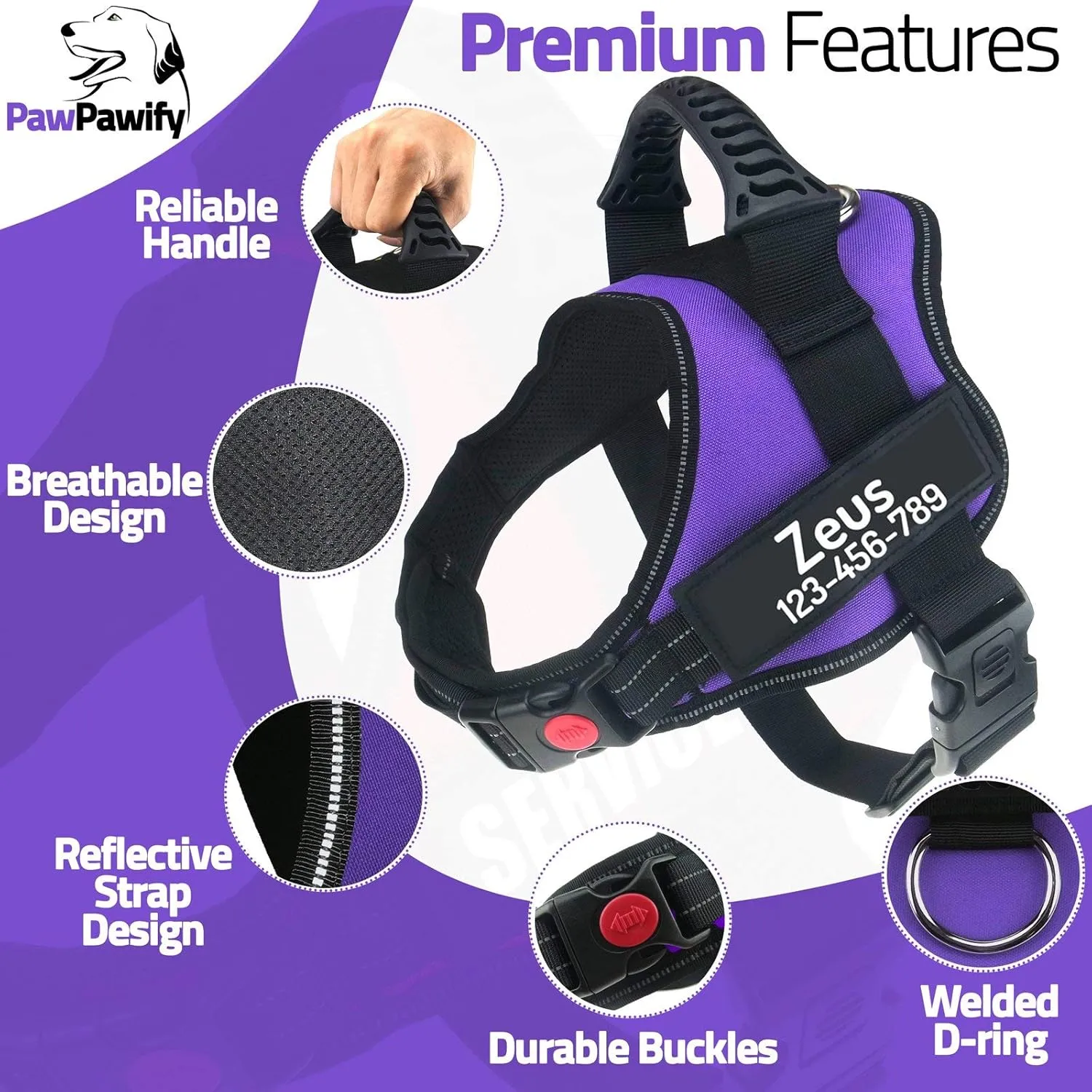 PawPawify Personalized No Pull Dog Harness with Custom Name and Phone Number,Heavy Duty Pet Vest to Prevent Tugging,Pulling,or Choking,Training and Walking,Purple,L Chest 28-38in
