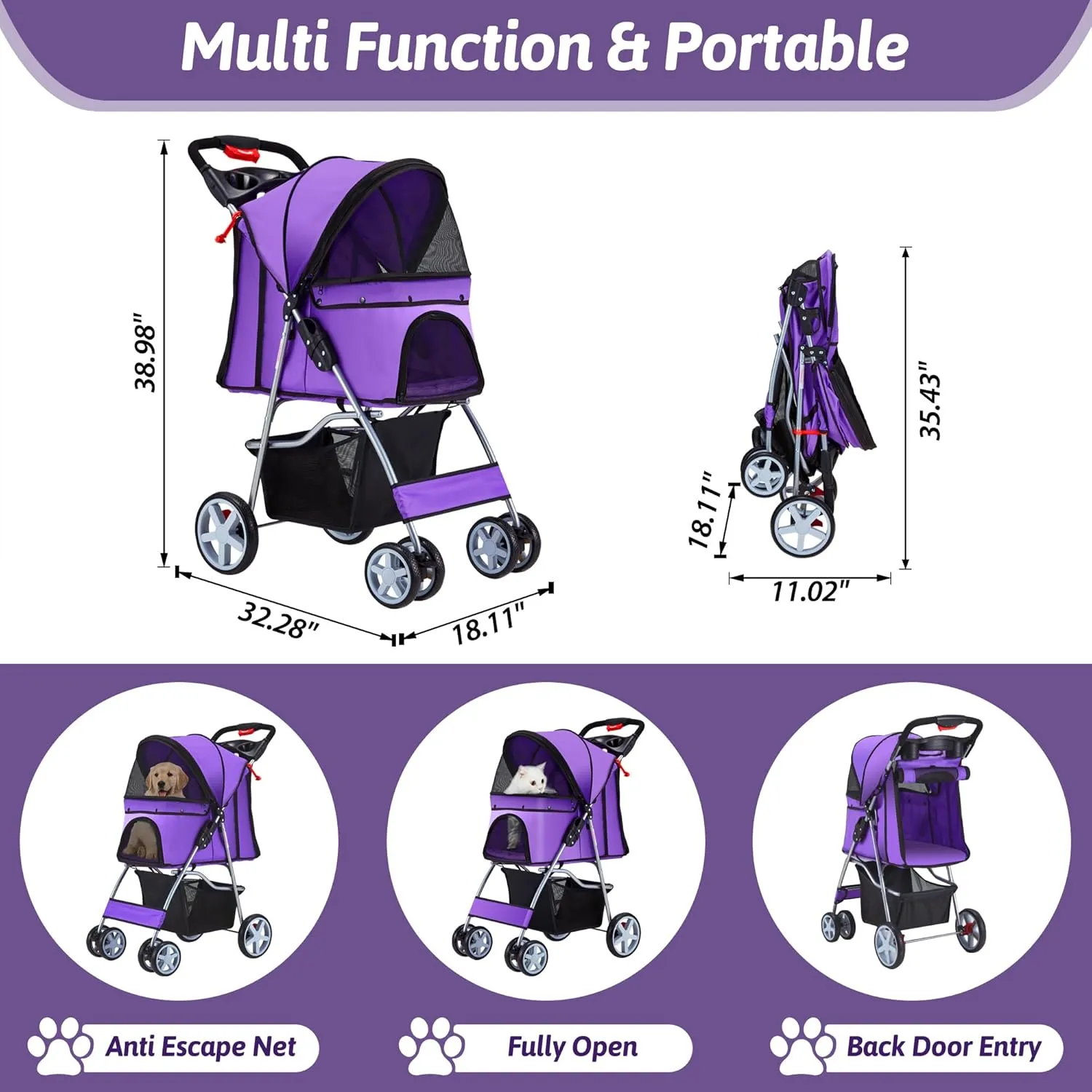 Pet Stroller, 4 Wheels Pet Strolling Cart for Medium/Small Dogs and Cats, Foldable Cat Jogger/Dog Stroller with Cup Holder, Storage Basket, Breathable Mesh, All-Season Pet Carrier, Purple