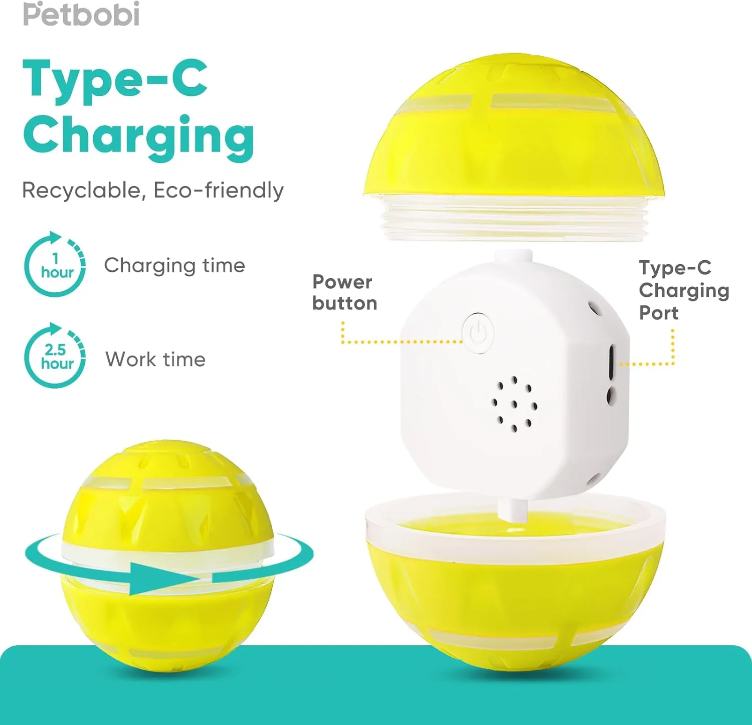 Petbobi Active Rolling Ball for Dogs - 2025 New Upgrade 2 Modes Interactive Dog Toys, USB Rechargeable Motion Activated Self Moving, Durable Pet Ball for Small Medium Large Breeds, LED Light, Yellow