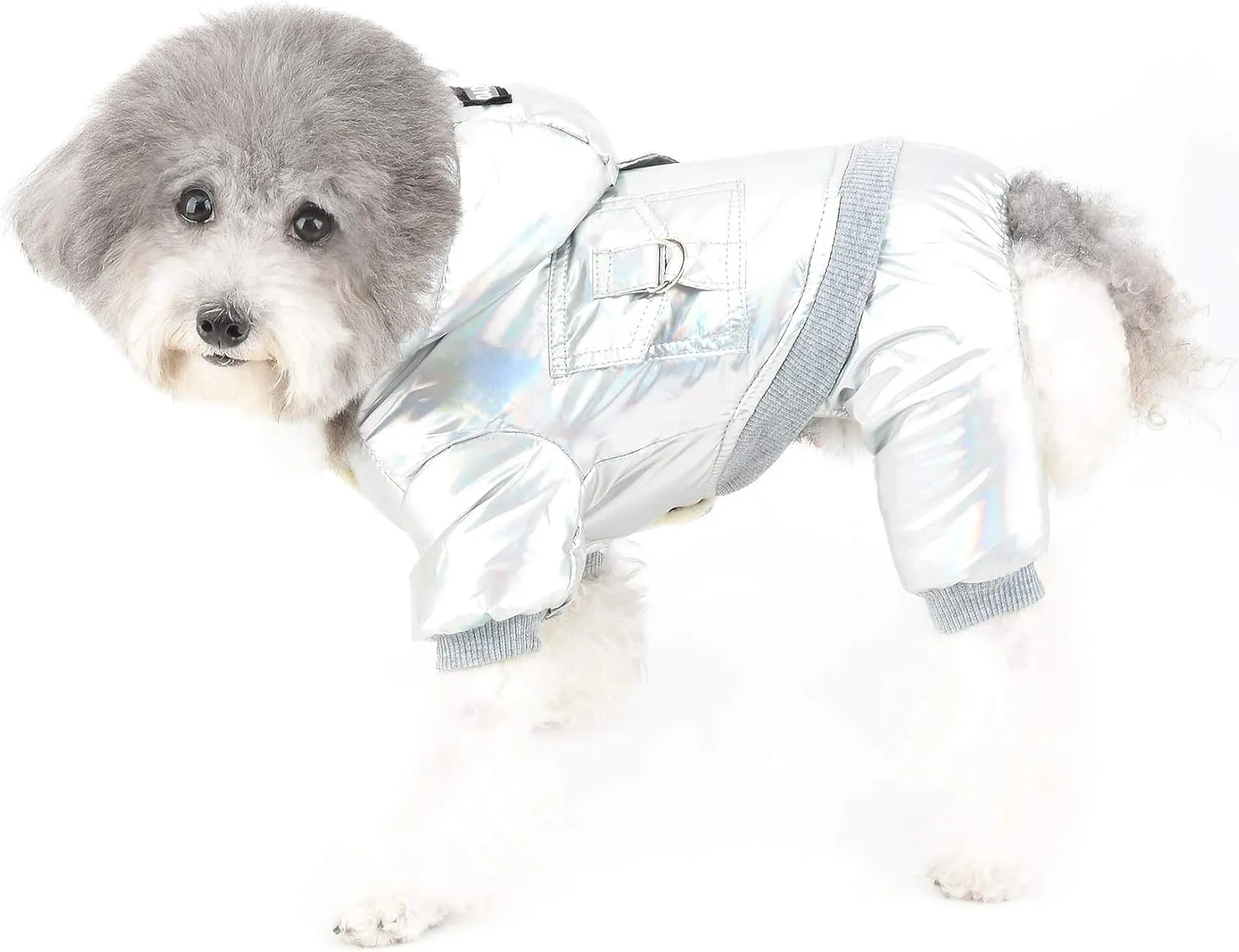 Ranphy Waterproof Pet Clothes Winter Small Dog Coat Puppy Hoodie with Leash Ring Super Soft Fleece Lined Jumpsuit Thicken Warm Padded Cold Weather Outdoor Apparel Snowsuit Snow Jacket Silver L