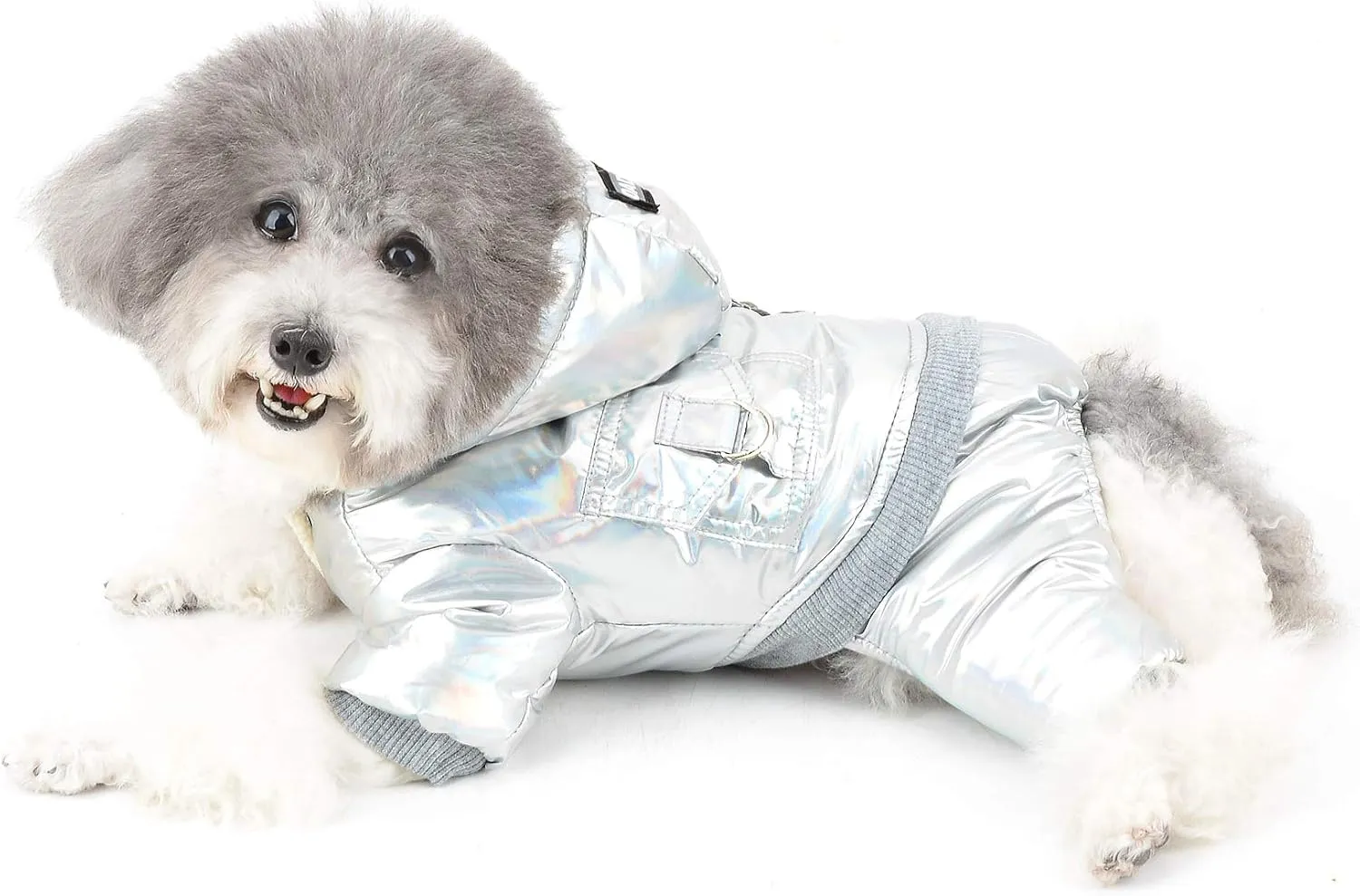 Ranphy Waterproof Pet Clothes Winter Small Dog Coat Puppy Hoodie with Leash Ring Super Soft Fleece Lined Jumpsuit Thicken Warm Padded Cold Weather Outdoor Apparel Snowsuit Snow Jacket Silver L
