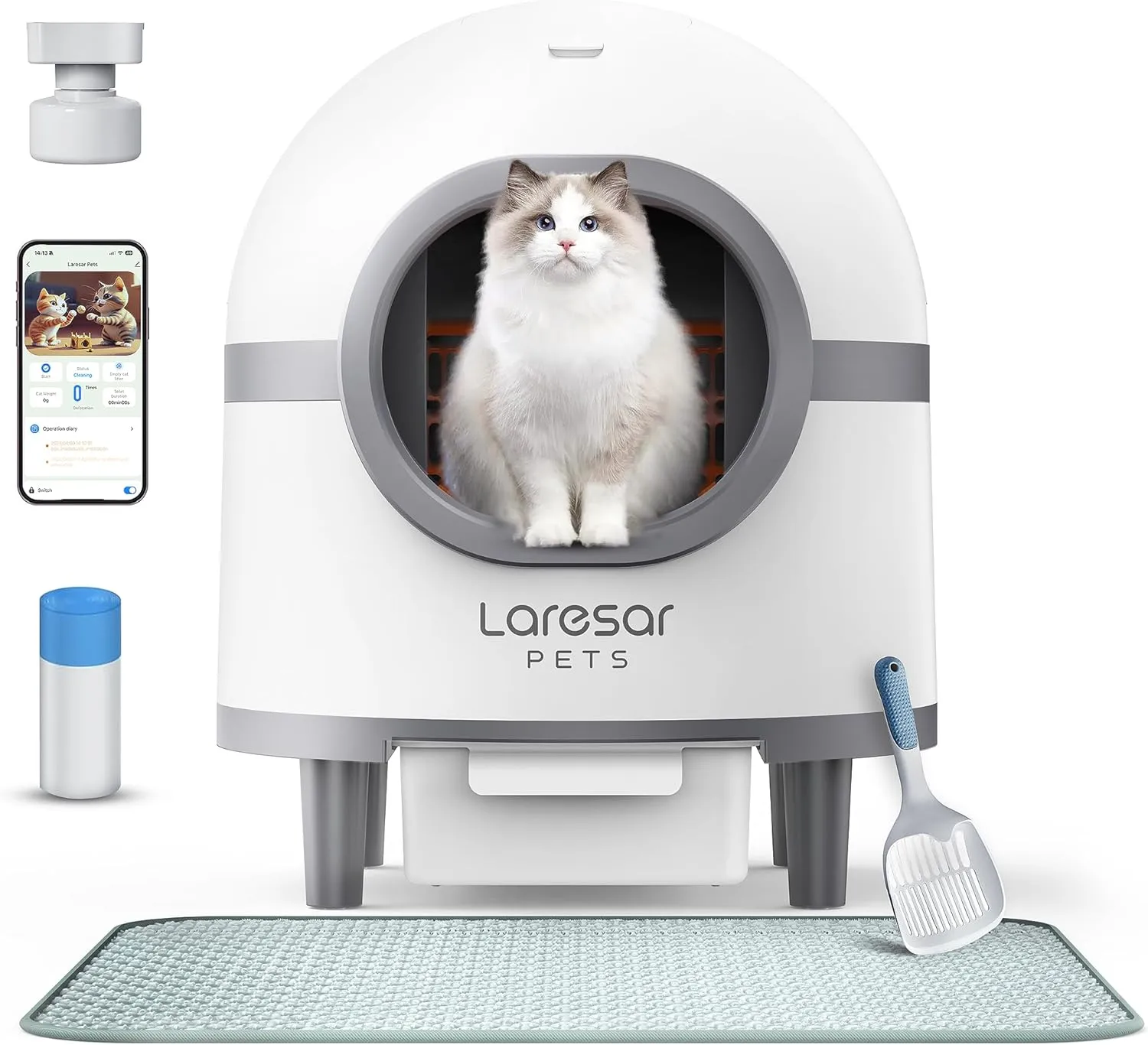 Self-Cleaning Litter Box with App, Automatic Cat Litter Box for Multiple Cats, Double Odor Removal and Safety Protection, 70L 9L Large Capacity, Includes Mat & Trash Bags