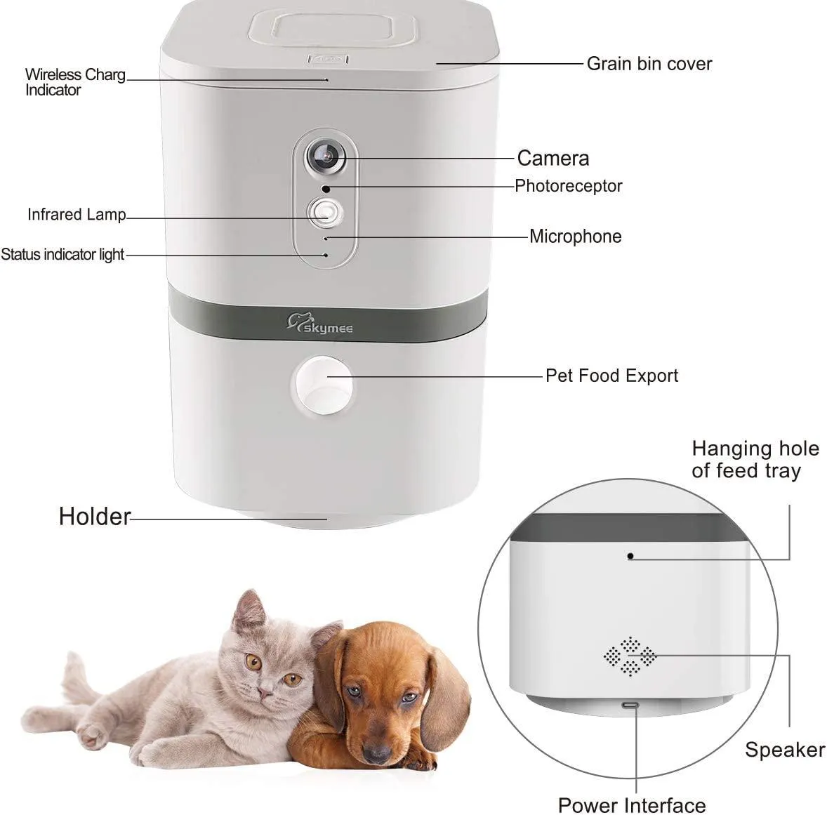 SKYMEE Smart Automatic Pet Feeder Food Dispenser for Cats & Dogs - 1080P Full HD Pet Camera Treat Dispenser with Night Vision and 2-Way Audio, Wi-Fi Enabled App for iPhone and Android