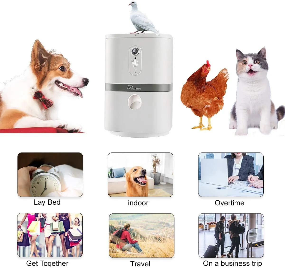 SKYMEE Smart Automatic Pet Feeder Food Dispenser for Cats & Dogs - 1080P Full HD Pet Camera Treat Dispenser with Night Vision and 2-Way Audio, Wi-Fi Enabled App for iPhone and Android