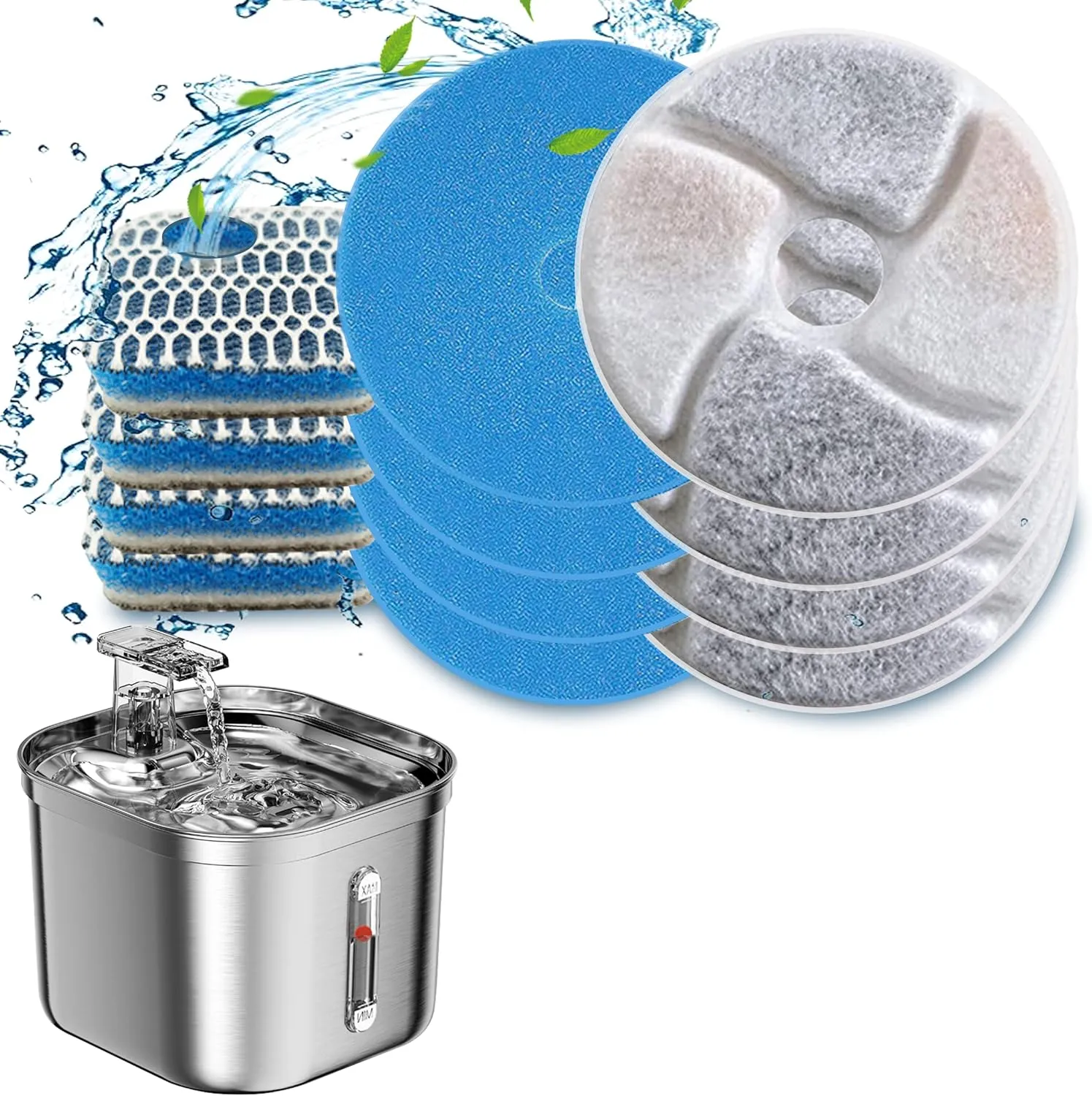 Stainless Steel Square Cat Water Fountain Filters 6 Pack - Triple Filtration System, Activated Carbon Filters for 73oz/2.2L Automatic Pet Fountain
