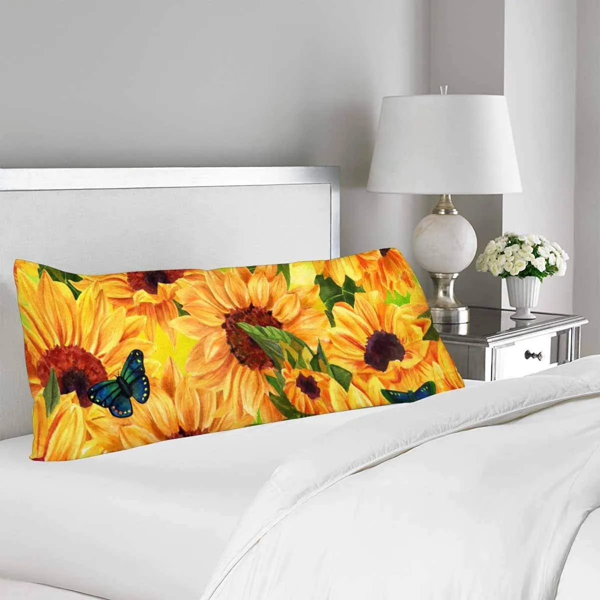 Summer Warm Sunflower Field Body Pillow Covers Pillowcase with Zipper 21x60 Twin Sides, Orange Flower Butterfly Rectangle Body Pillow Case Protector for Home Couch Bedding Decorative
