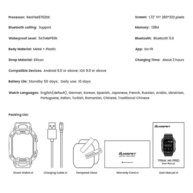 TANK M1 PRO Smart Watch 1.72 inch Smartwatch Fitness Watch