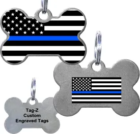 Thin Blue Line Flag, Police & Low Enforcement, Pet ID Tags, Custom Printed and Laser Engraved, Stainless Steel Bone Shape Includes Split Ring and Silencer