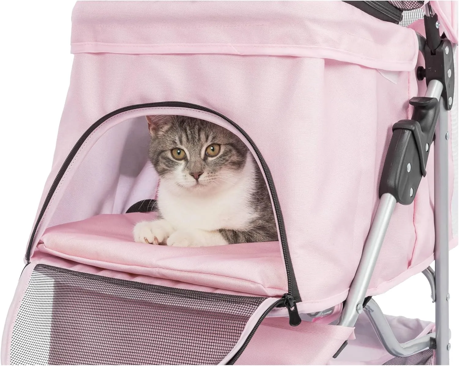 TRIXIE Foldable Pet Stroller for Cats and Dogs, Pet Carrier Strolling Cart with Weather Cover, Storage Basket, Cup Holder, Pink
