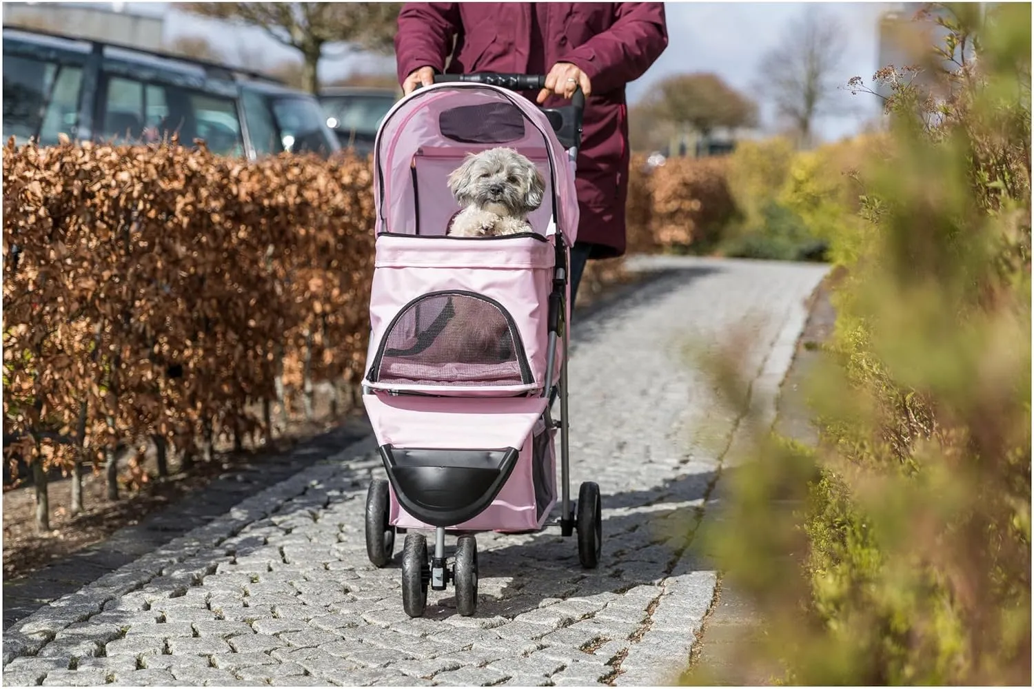 TRIXIE Foldable Pet Stroller for Cats and Dogs, Pet Carrier Strolling Cart with Weather Cover, Storage Basket, Cup Holder, Pink