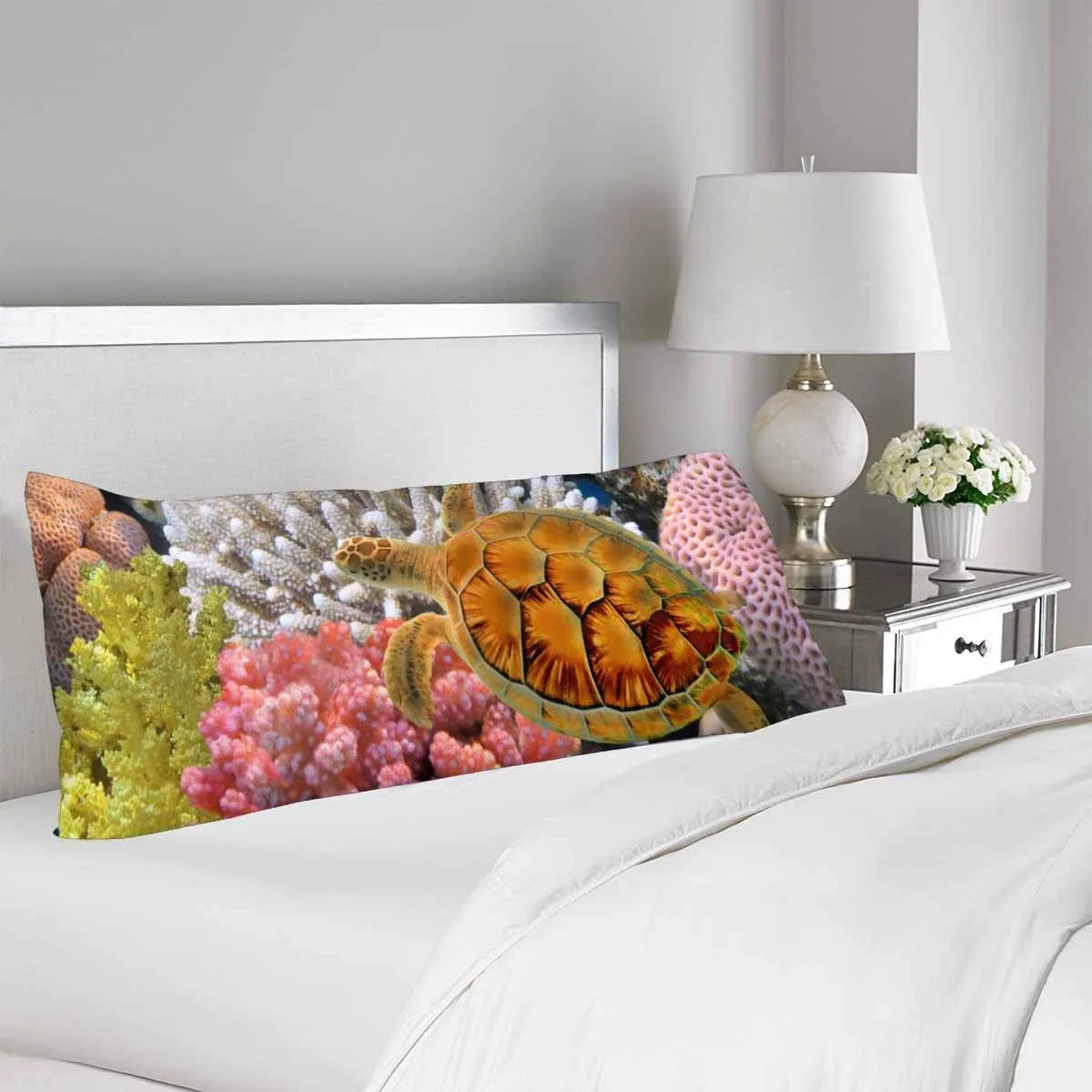 Underwater World Sea Turtle Body Pillow Covers Pillowcase with Zipper 21x60 Twin Sides, Coral Reef Island Rectangle Body Pillow Case Protector for Home Couch Sofa Bedding Decorative