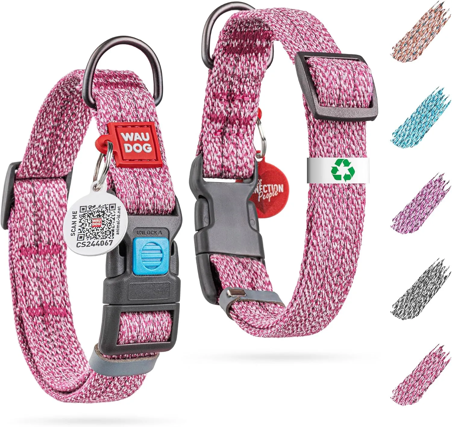 WAUDOG Reflective Cotton Dog Collar Eco-Friendly Alt to Nylon Collar for Small Medium and Large Dogs - Pet Collar with QR ID Tag - Puppy Collar for Large Breed Dogs - Adjustable Male Female Dog Collar