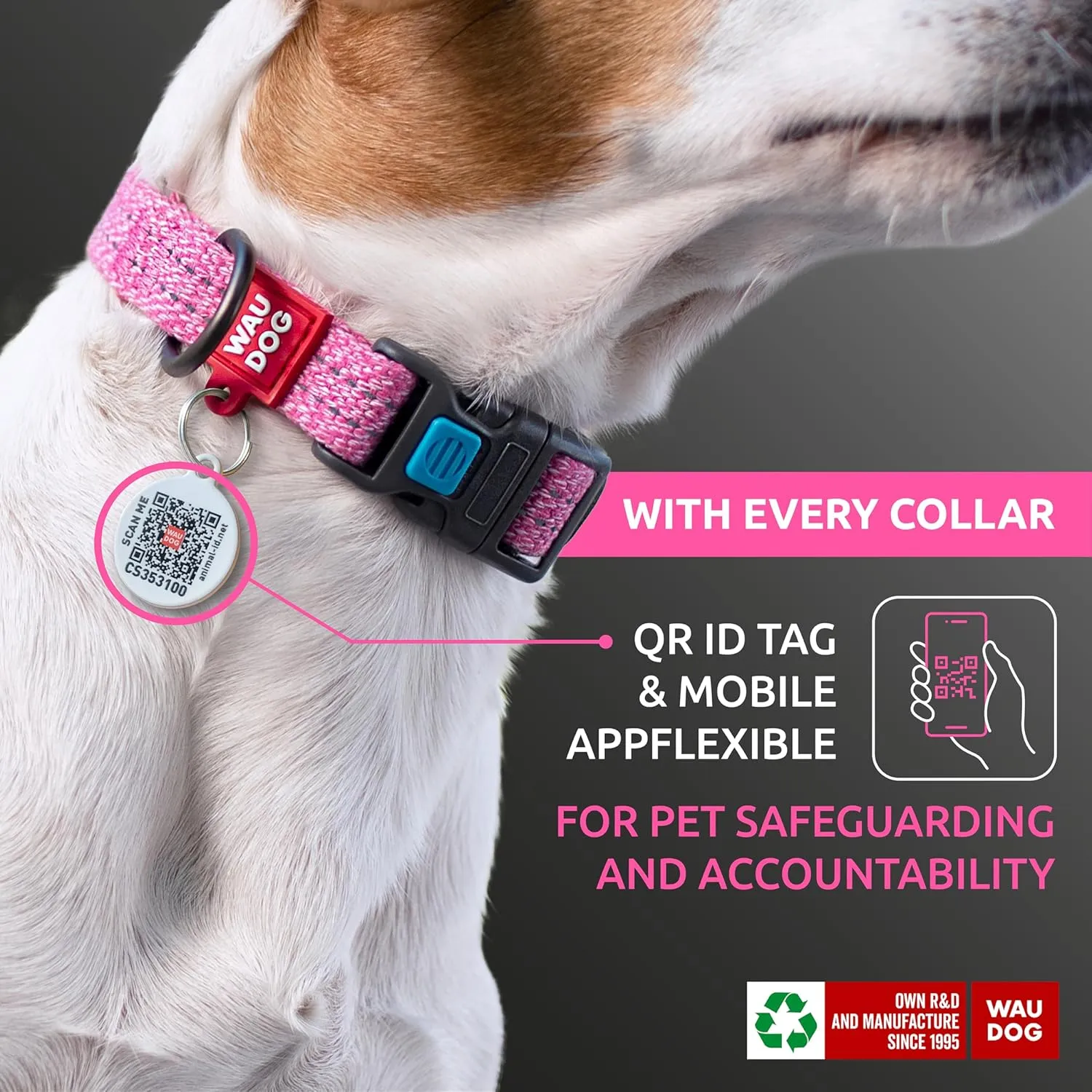 WAUDOG Reflective Cotton Dog Collar Eco-Friendly Alt to Nylon Collar for Small Medium and Large Dogs - Pet Collar with QR ID Tag - Puppy Collar for Large Breed Dogs - Adjustable Male Female Dog Collar
