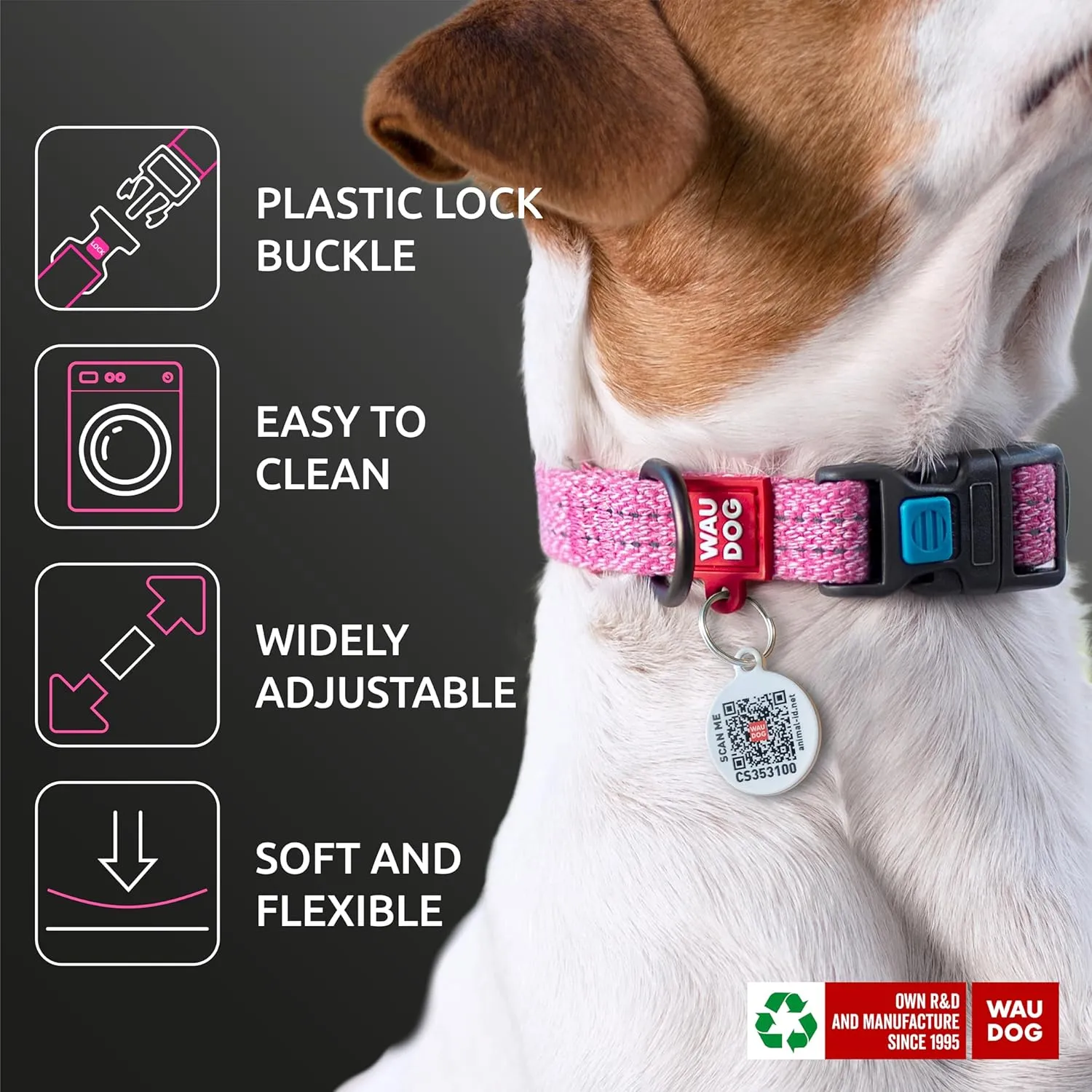 WAUDOG Reflective Cotton Dog Collar Eco-Friendly Alt to Nylon Collar for Small Medium and Large Dogs - Pet Collar with QR ID Tag - Puppy Collar for Large Breed Dogs - Adjustable Male Female Dog Collar