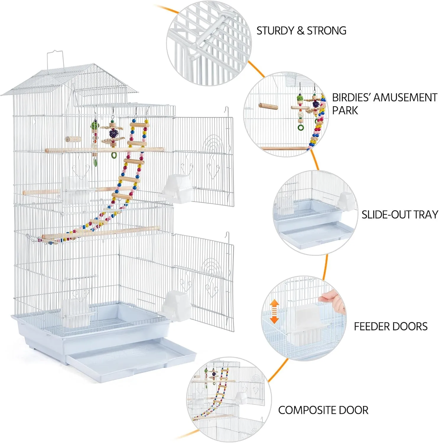 Yaheetech 39-inch Roof Top Medium Parakeet Bird Cages for Cockatiels Conures Finches Budgies Canaries Lovebirds Parakeets Green Cheek Small Birds Parrots, Travel Flight Birdcage w/Toys, White