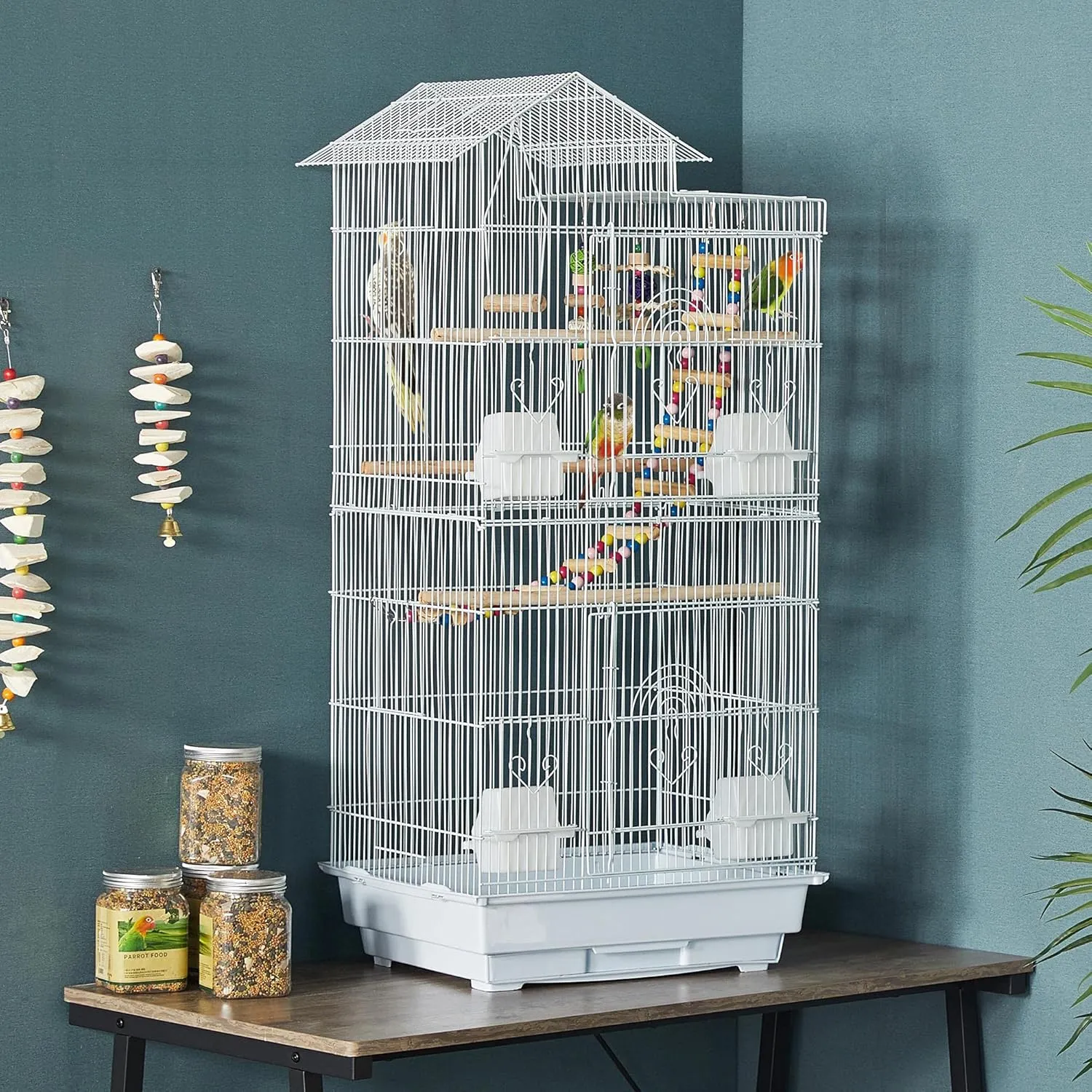 Yaheetech 39-inch Roof Top Medium Parakeet Bird Cages for Cockatiels Conures Finches Budgies Canaries Lovebirds Parakeets Green Cheek Small Birds Parrots, Travel Flight Birdcage w/Toys, White