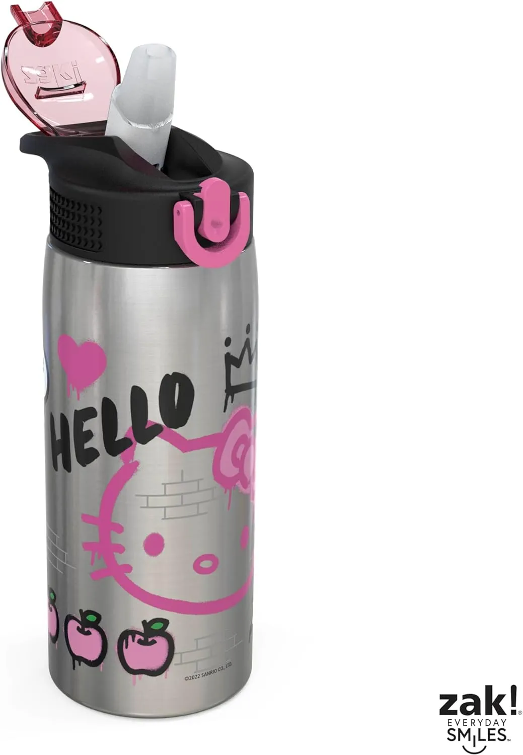 Zak Designs Sanrio Water Bottle for Travel and At Home, 19 oz Vacuum Insulated Stainless Steel with Locking Spout Cover, Built-In Carrying Loop, Leak-Proof Design (Hello Kitty)