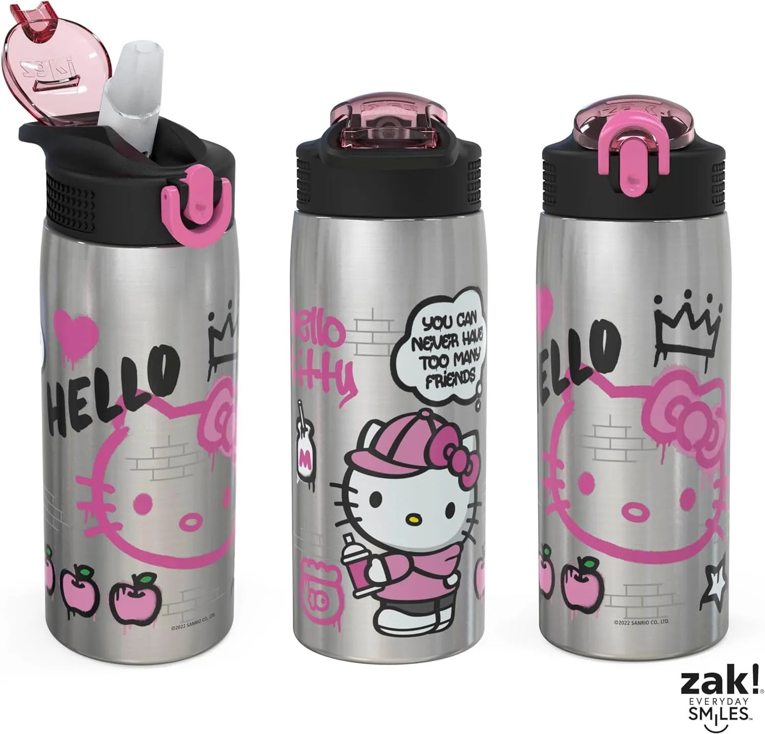 Zak Designs Sanrio Water Bottle for Travel and At Home, 19 oz Vacuum Insulated Stainless Steel with Locking Spout Cover, Built-In Carrying Loop, Leak-Proof Design (Hello Kitty)